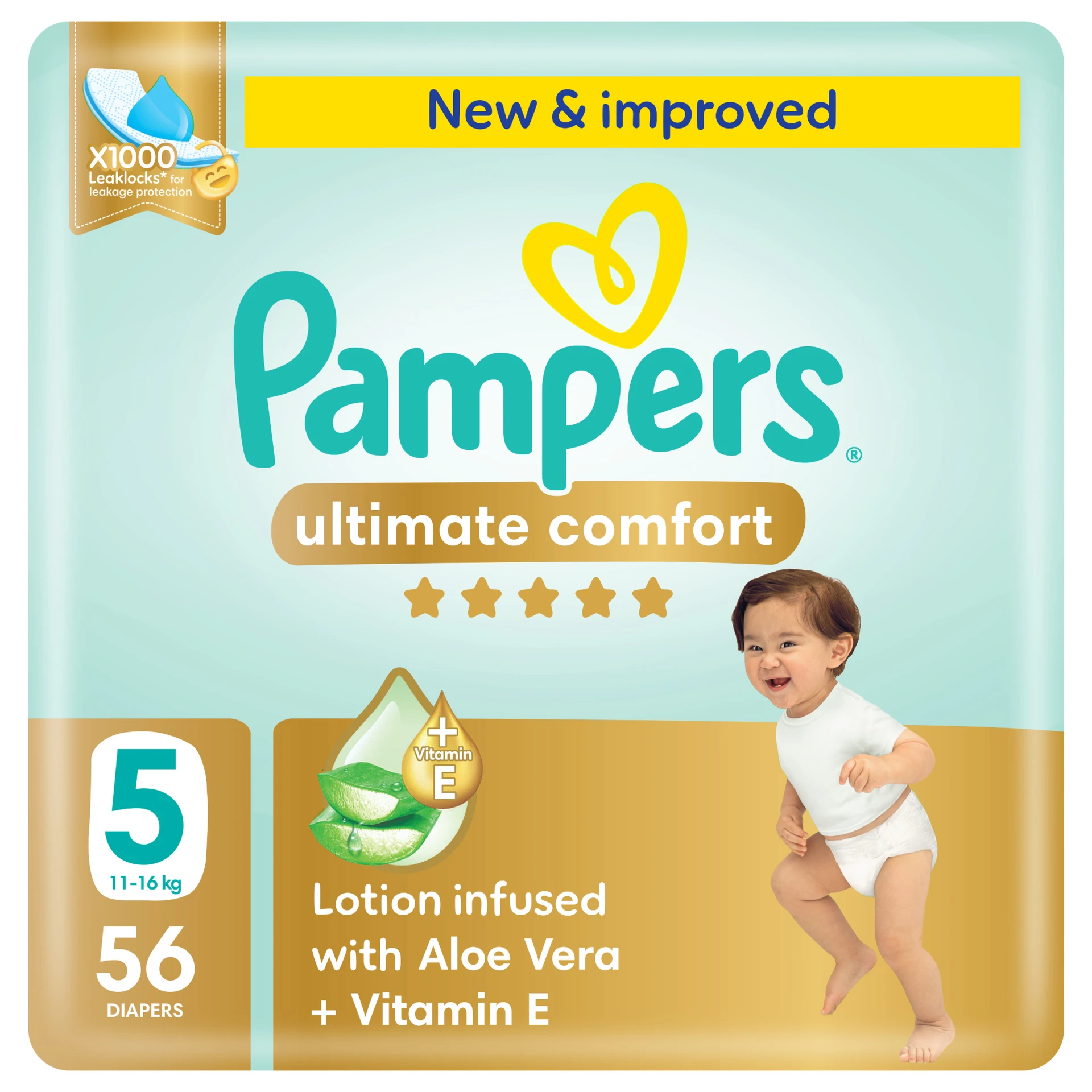 Pampers Diapers Ultimate Comfort Taped Size 5 Aloe Vera Lotion & Vitamin E 56 Diapers 