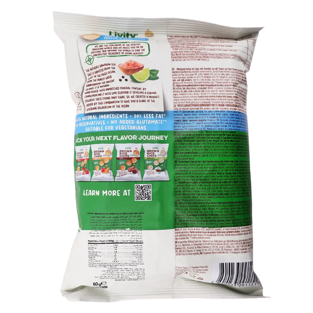 Livity Wholegrain Brown Rice Chips Livity Hawaiian Sea Salt Pepper And Lime 60 gm - view 3