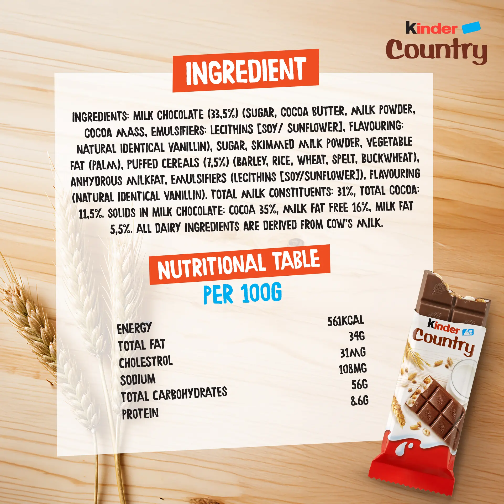 Kinder Country Milk Chocolate Bars with Milky Filling and Cereals Multipack 9 Bars 211.5 gm - view 8