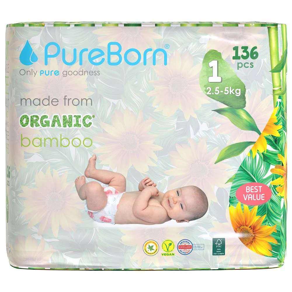 Pure Born Baby Diaper Master Size 1 136 Pieces