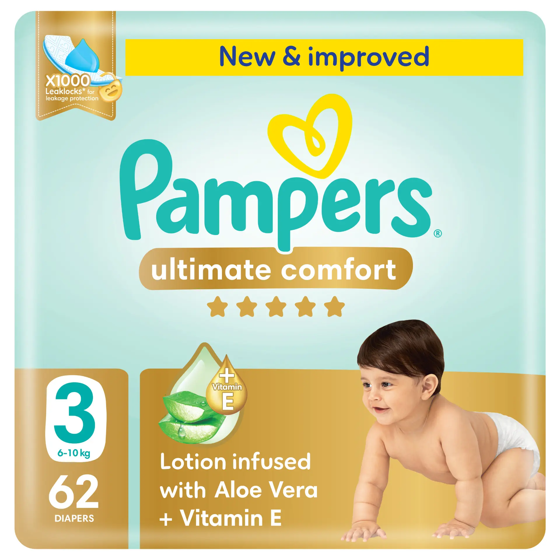 Pampers Diapers Ultimate Comfort Taped Size 3 Aloe Vera Lotion & Vitamin E 62 Diapers  - view 1
