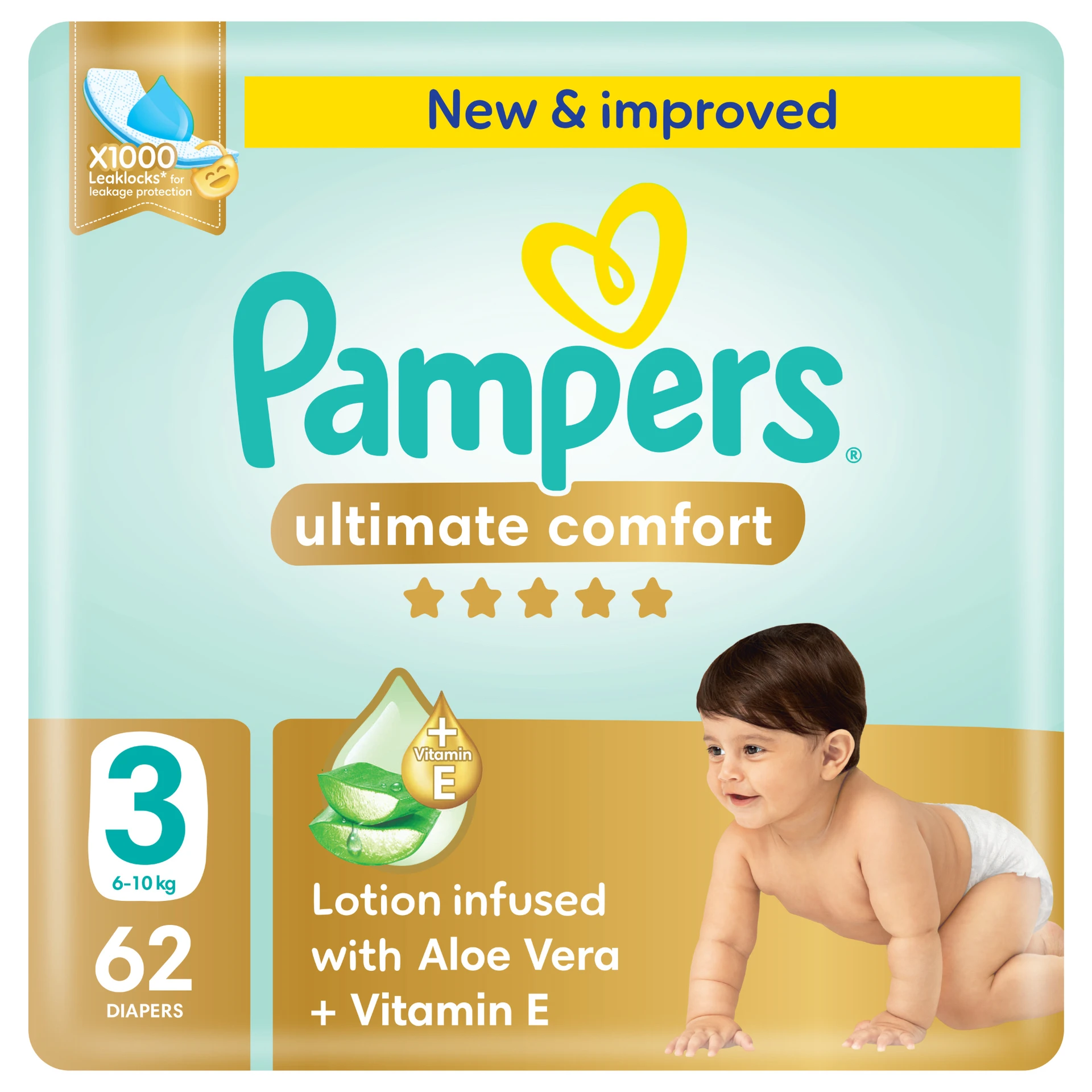 Pampers Diapers Ultimate Comfort Taped Size 3 Aloe Vera Lotion & Vitamin E 62 Diapers 