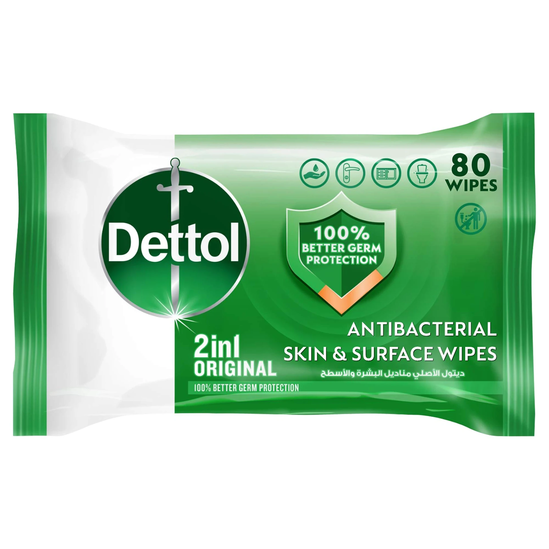 Dettol Original 2 In 1 Antibacterial Skin and Surface Wipes 80 pcs