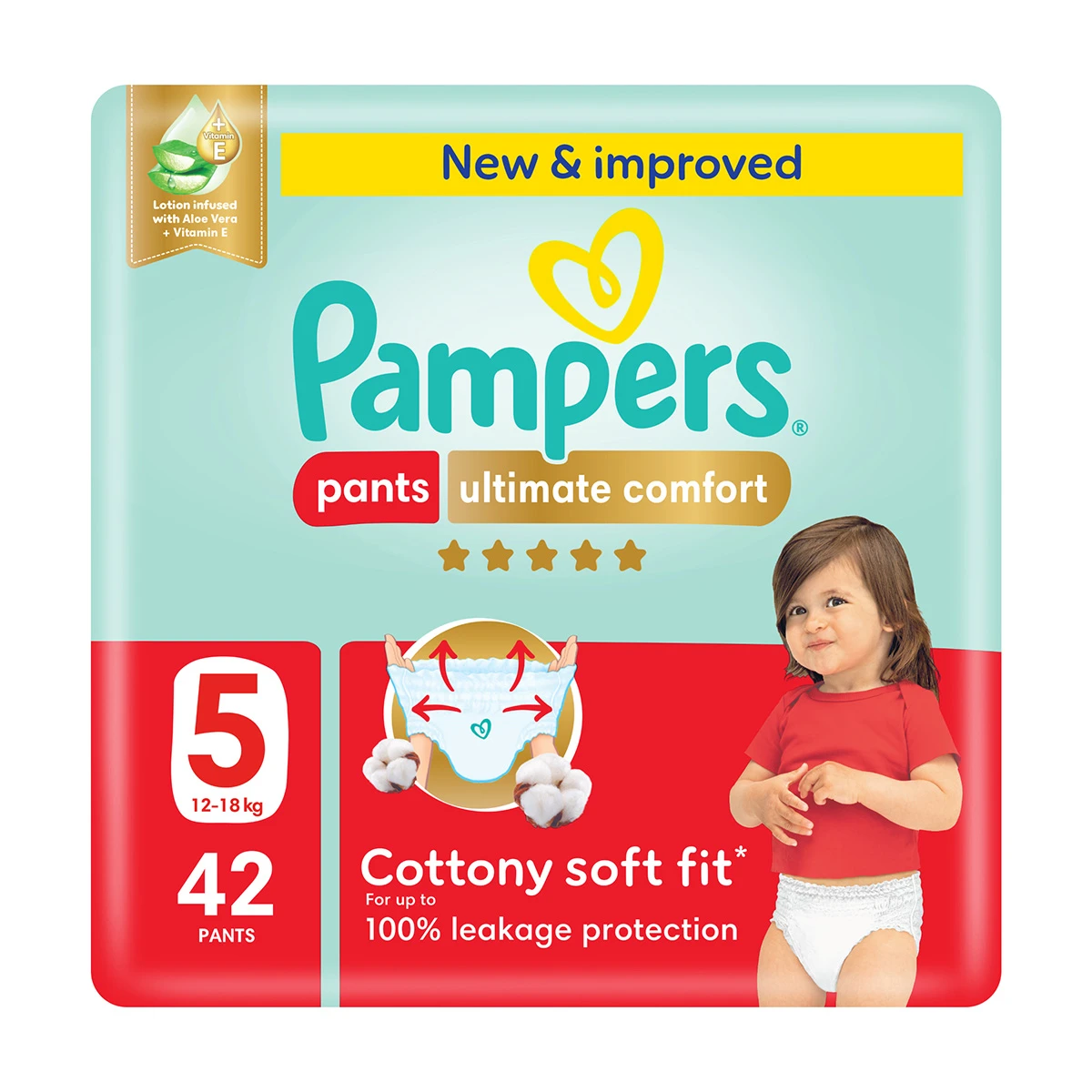 Pampers Diapers Ultimate Comfort Pants Size 5 Aloe Vera Lotion & Vitamin E 42 Pants 