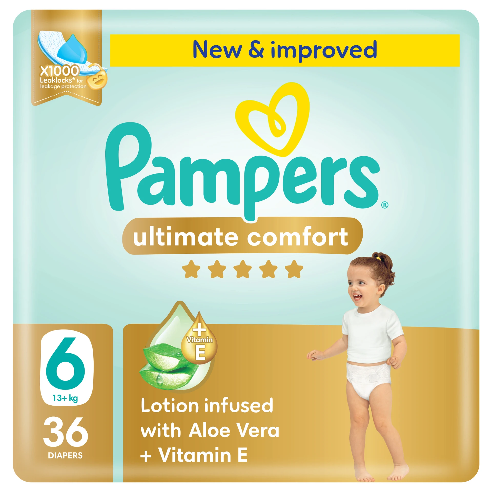 Pampers Diapers Ultimate Comfort Taped Size 6 Aloe Vera Lotion & Vitamin E 36 Diapers 