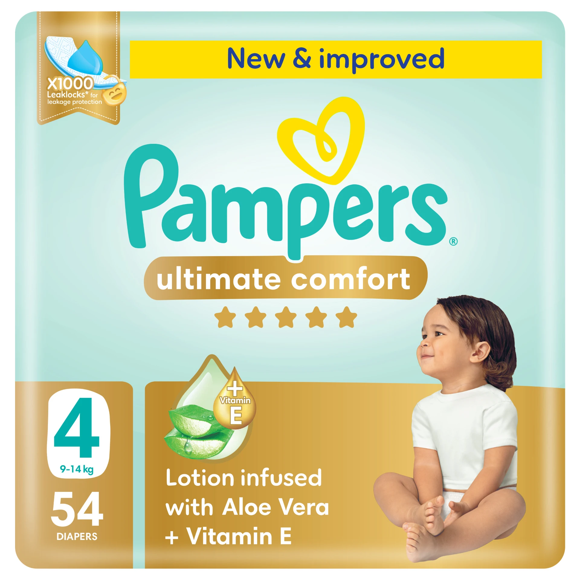 Pampers Diapers Ultimate Comfort Taped Size 4 Aloe Vera Lotion & Vitamin E 54 Diapers 