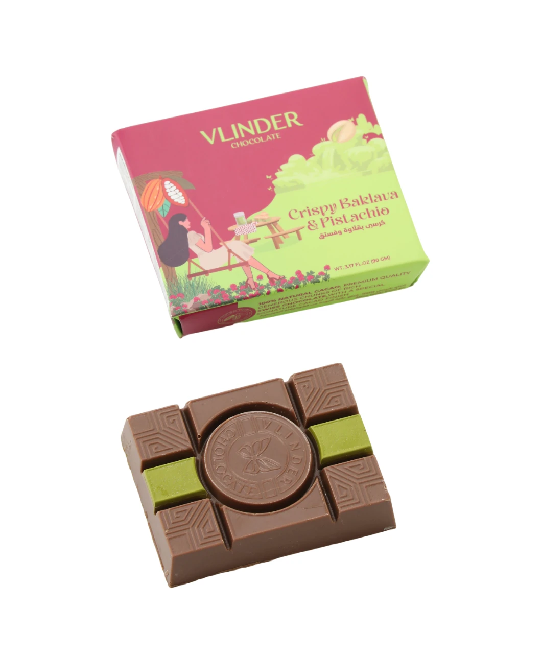 Vlinder Crispy Baklava & Pistachio Chocolate Bar Dubai Trend 90 gm