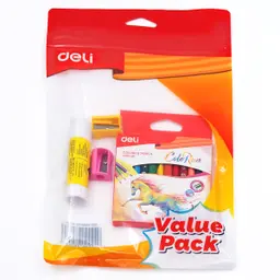 Deli Value Pack Colored Pencil 12 Colors & Sharpner 2 pcs & Glue