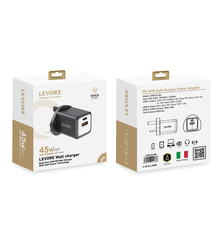Levore Pd Wall Charger 2 Ports 1 Usb A Qc3. 1Usb A Qc3 45 W Black