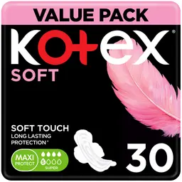 Kotex Soft Maxi Protect Thick Pads With Wings Super Size Feather-Touch Softness 30 pcs