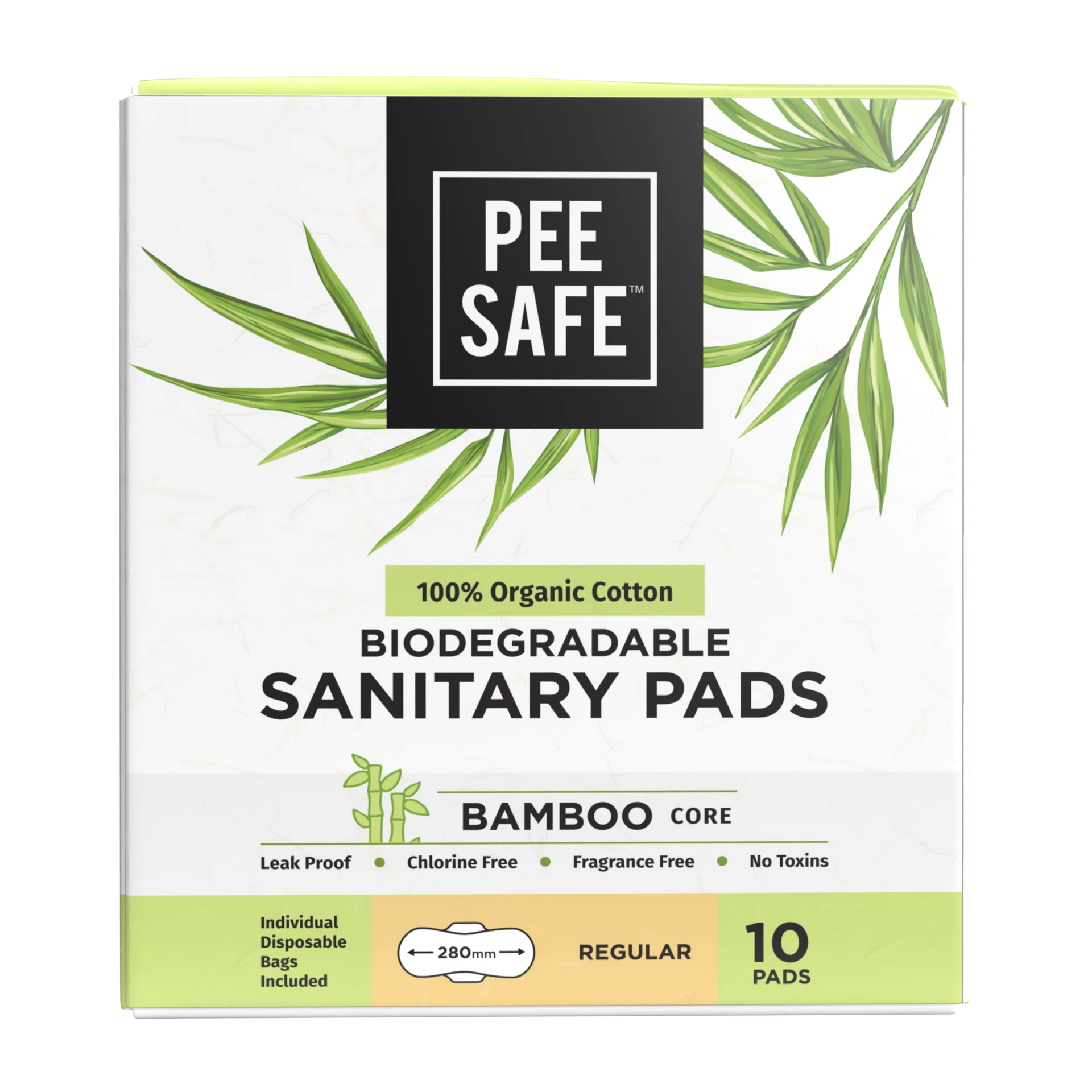 PeeSafe 100% Organic Cotton Sanitary Pads & Bamboo Core Regular 10 Pads
