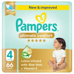 Pampers Diapers Ultimate Comfort Taped Size 4 Aloe Vera Lotion & Vitamin E 66 Diapers 