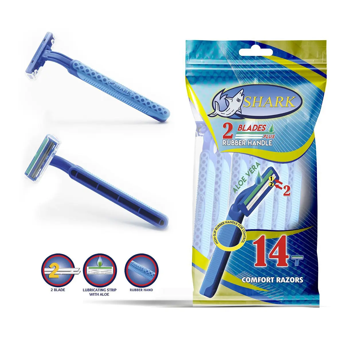 Shark Disposable Razors 14 Pcs 2 Blades Fixed Head Rubber Handle With Lubricating Strip  - view 4