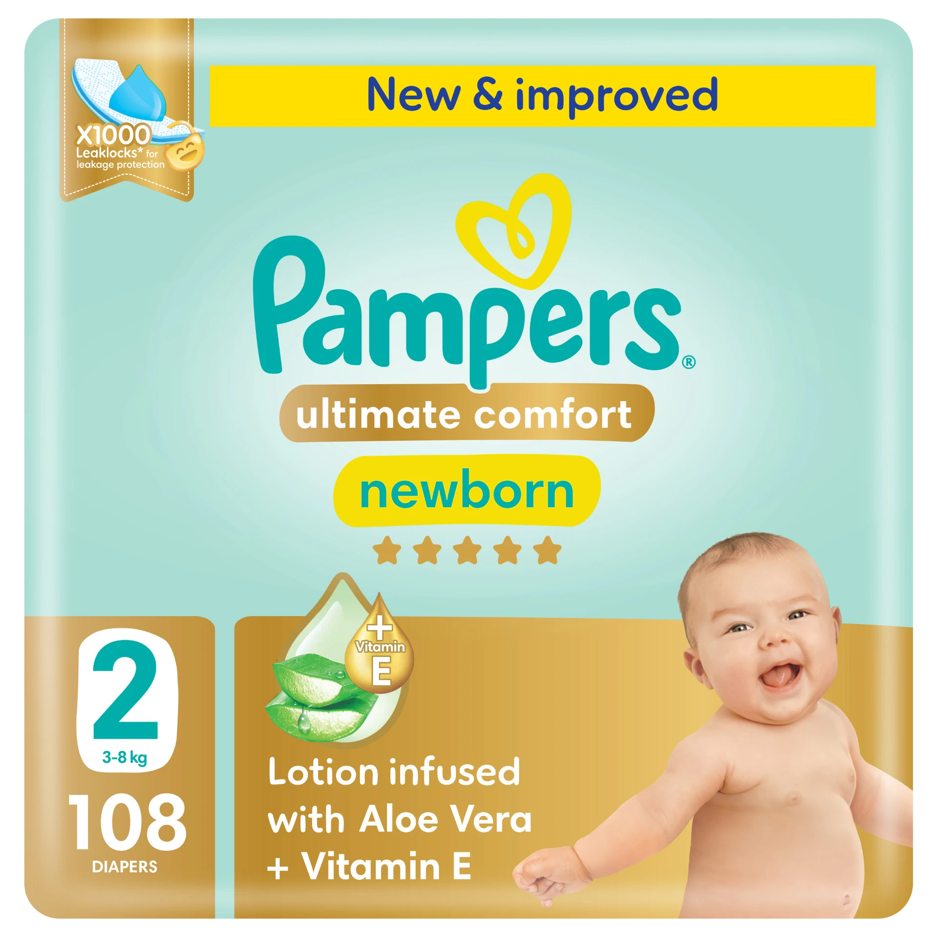Pampers Diapers Ultimate Comfort Taped Size 2 Aloe Vera Lotion & Vitamin E 108 Diapers 