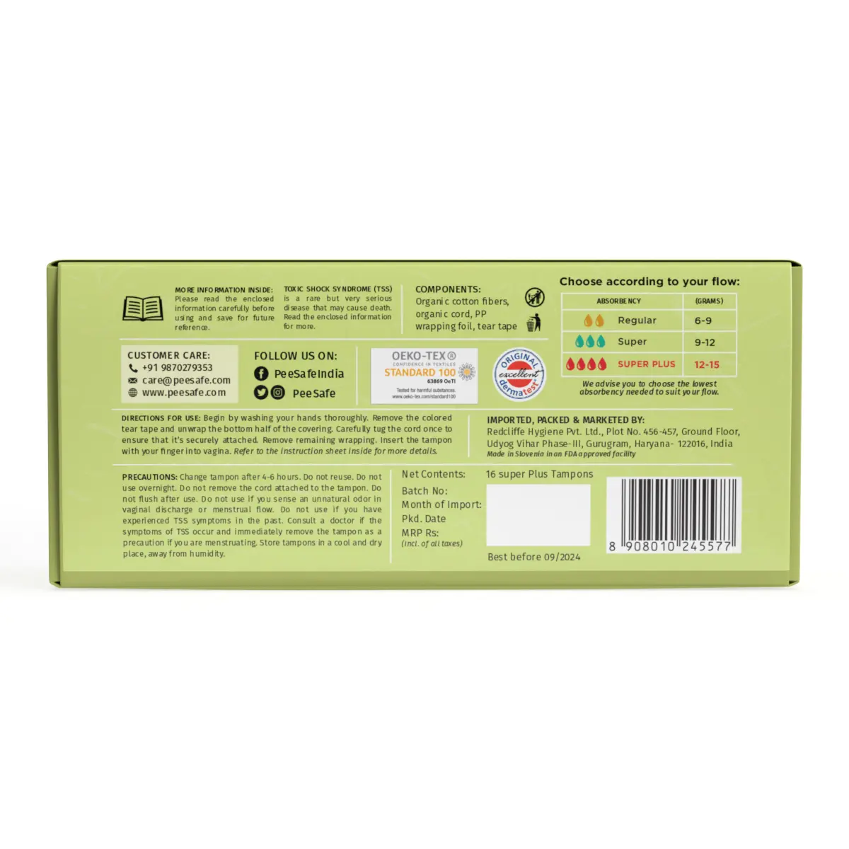 PeeSafe 100% Organic Cotton Tampons Super Plus Size 16 Tampons - view 5