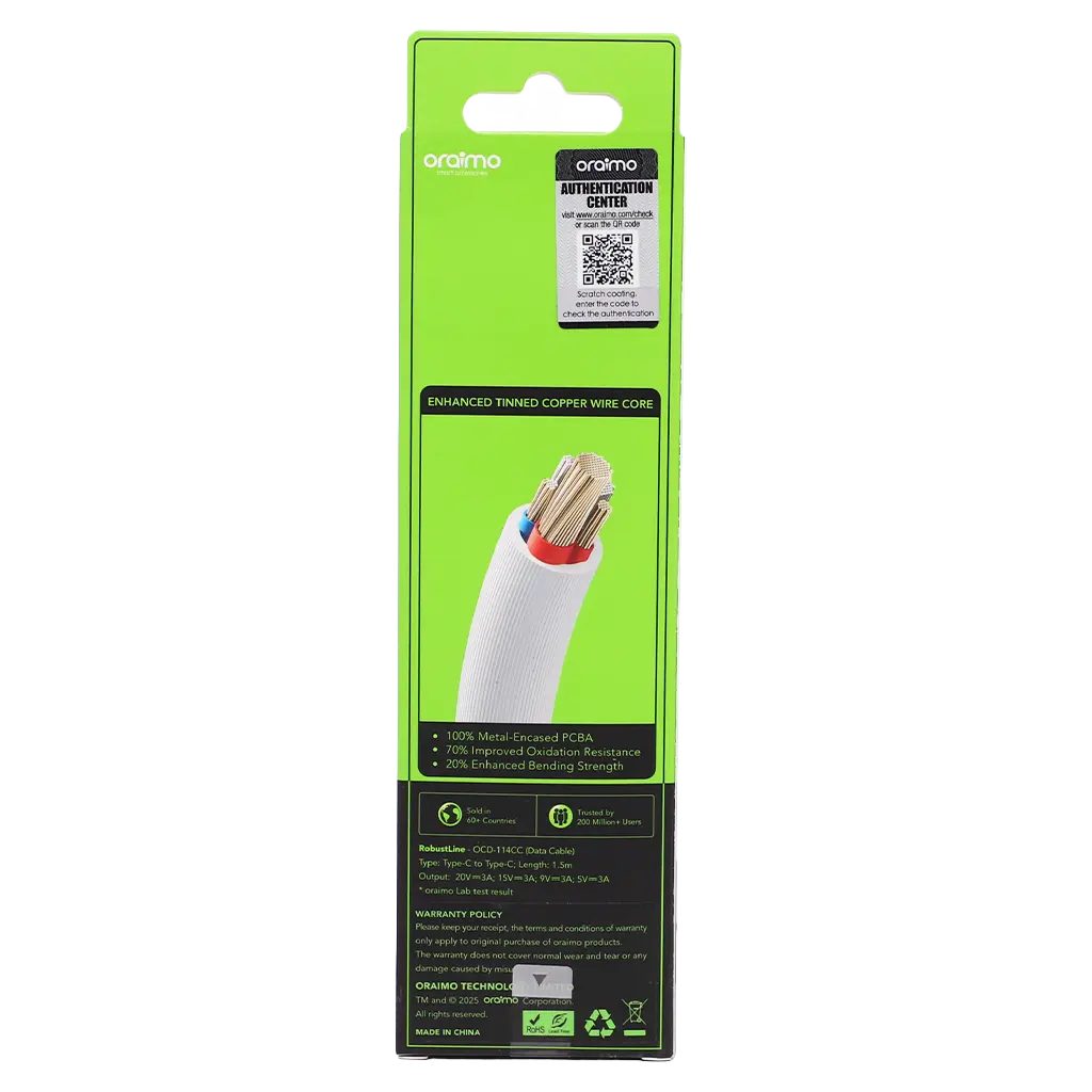 Oraimo Robustline 60W Type-C To Type-C Cable  White 3A  1.5 M - view 4