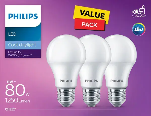 Philips Long Life Led Bulb  In One Box 11W-E27-CCT 6500K-230V-3CT  3 pcs - view 1