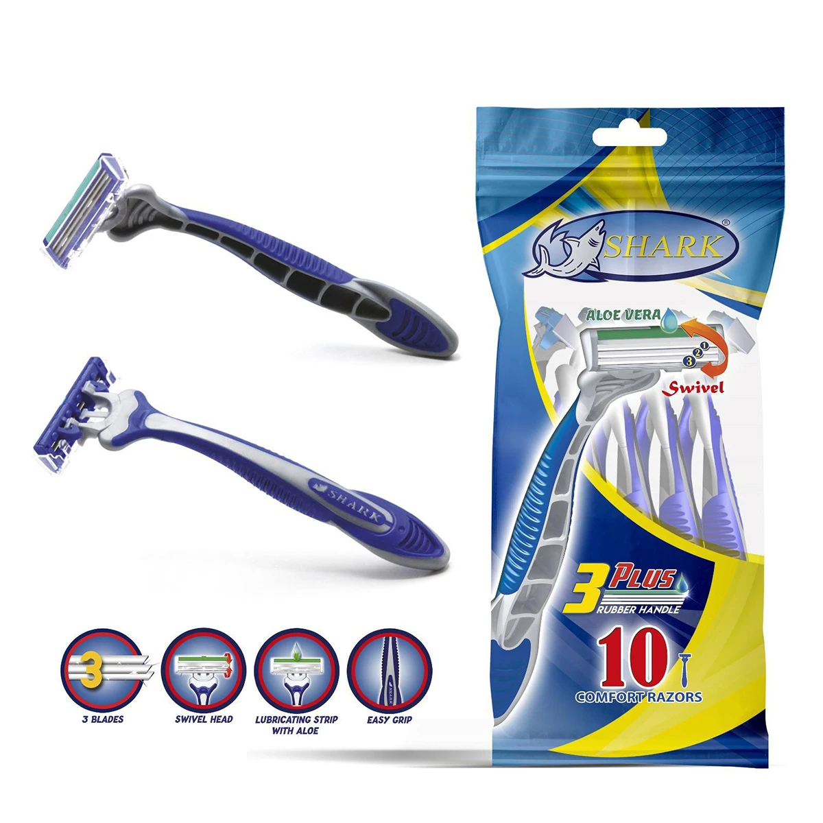 Shark Disposable Razor 10 Pcs 3 Blades Swivel Head Long Rubber Handle With Lubricating Strip 
