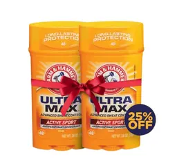 مزيل عرق A&H UMAX الرياضي النشط، عبوة واسعة صلبة، 2.6 أونصة/73 جم (عبوة مزدوجة) - خصم 25%