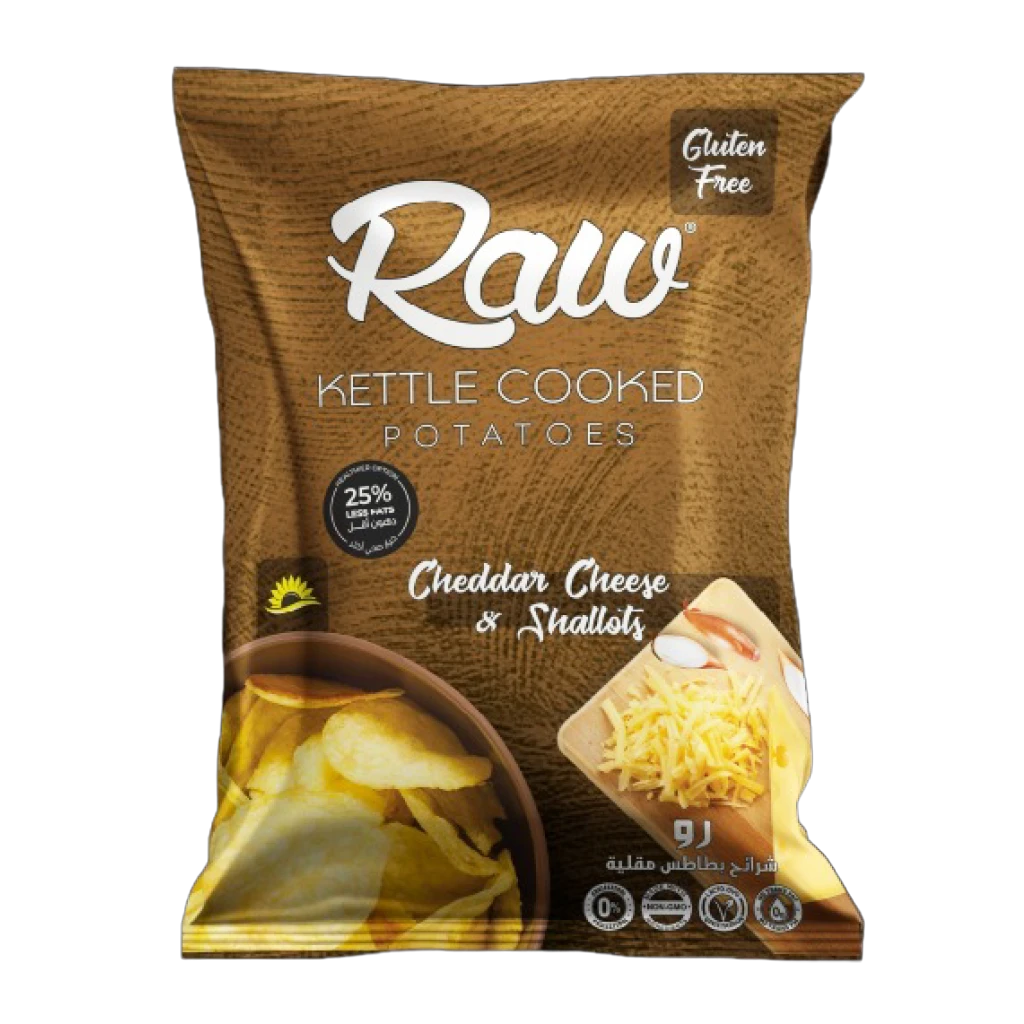 Raw Kettle Cooked Potato Chips With Cheddar Cheese and Shallots Gluten Free 60 gm
