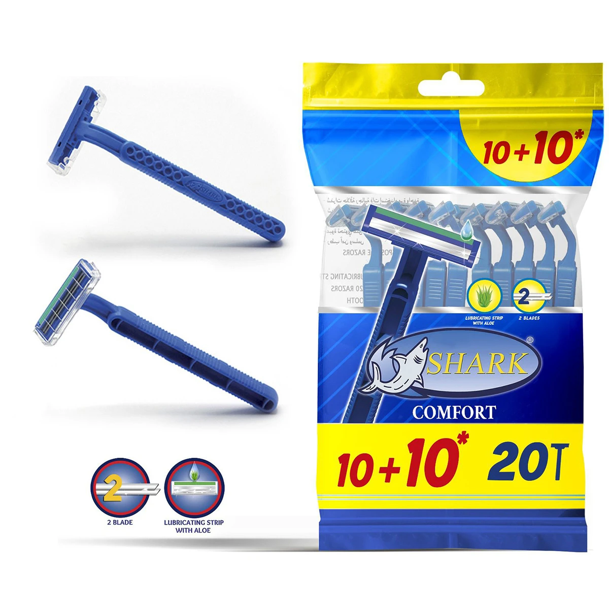 Shark Disposable Razors 20 Pcs 2 Blades Fixed Head Rubber Handle With Lubricating Strip 