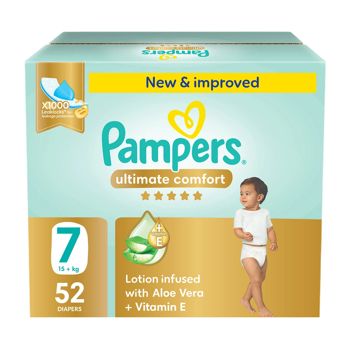 Pampers Diapers Ultimate Comfort Taped Size 7 Aloe Vera Lotion & Vitamin E 52 Diapers 