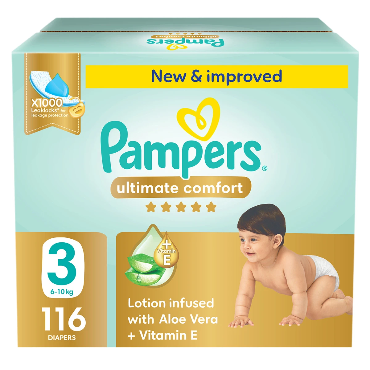 Pampers Diapers Ultimate Comfort Taped Size 3 Aloe Vera Lotion & Vitamin E 116 Diapers 