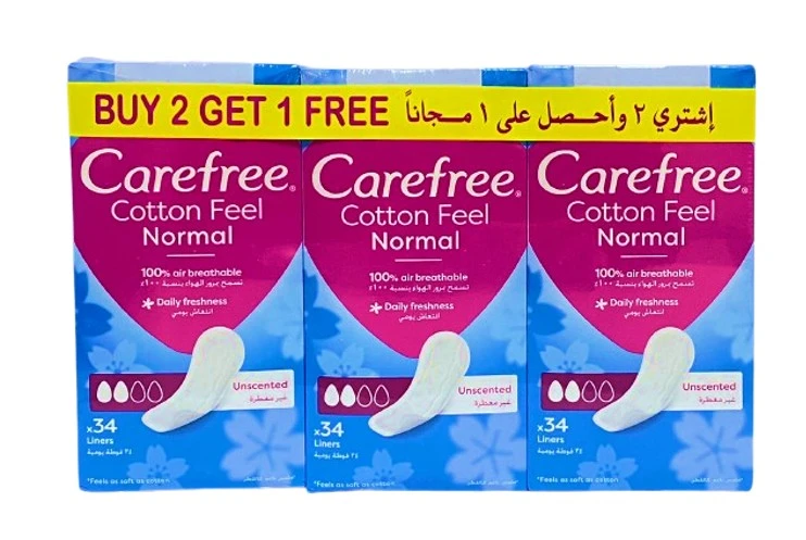 Carefree Pantyliners Cotton Feel Normal Unscented 34 Pads 2+1Free