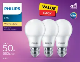 Philips Long Life Led Bulb 7W-E27-CCT 6500K-230V-3CT - 3 pcs