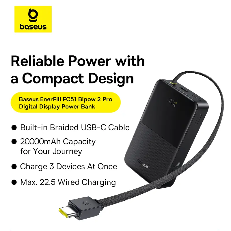 Baseus Ener Fill Fc51Bipow2Pro Digital Display Pbwith Builtin Cable20000M Ah  22.5 Wcharge 3 Device In 1 Time - view 2