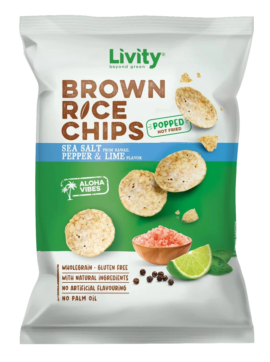 Livity Wholegrain Brown Rice Chips Livity Hawaiian Sea Salt Pepper And Lime 60 gm
