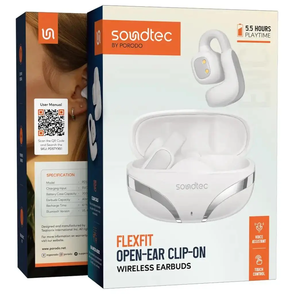 Porodo Soundtec Flexfit Ear Ring Type  Clip-On Wireless Earbuds White - view 3