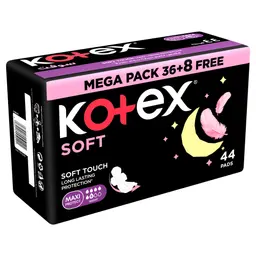Kotex Soft Maxi Protect Thick Pads With Wings Overnight Protection Feather-Touch Softness 44 pcs