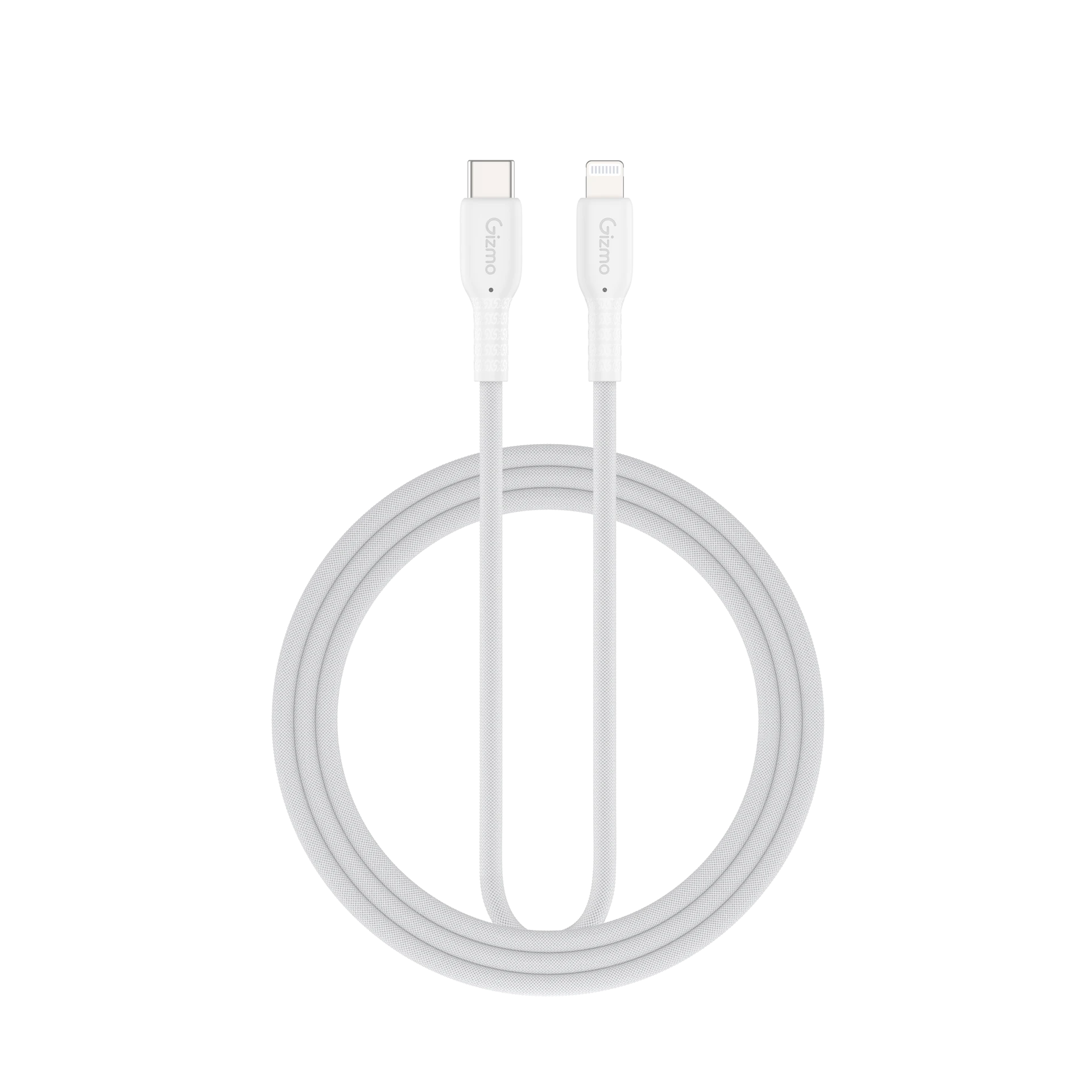 Gizmo 60W White Fabric-Reinforced Silicone USB-C to Lightning Charging Cable 1m