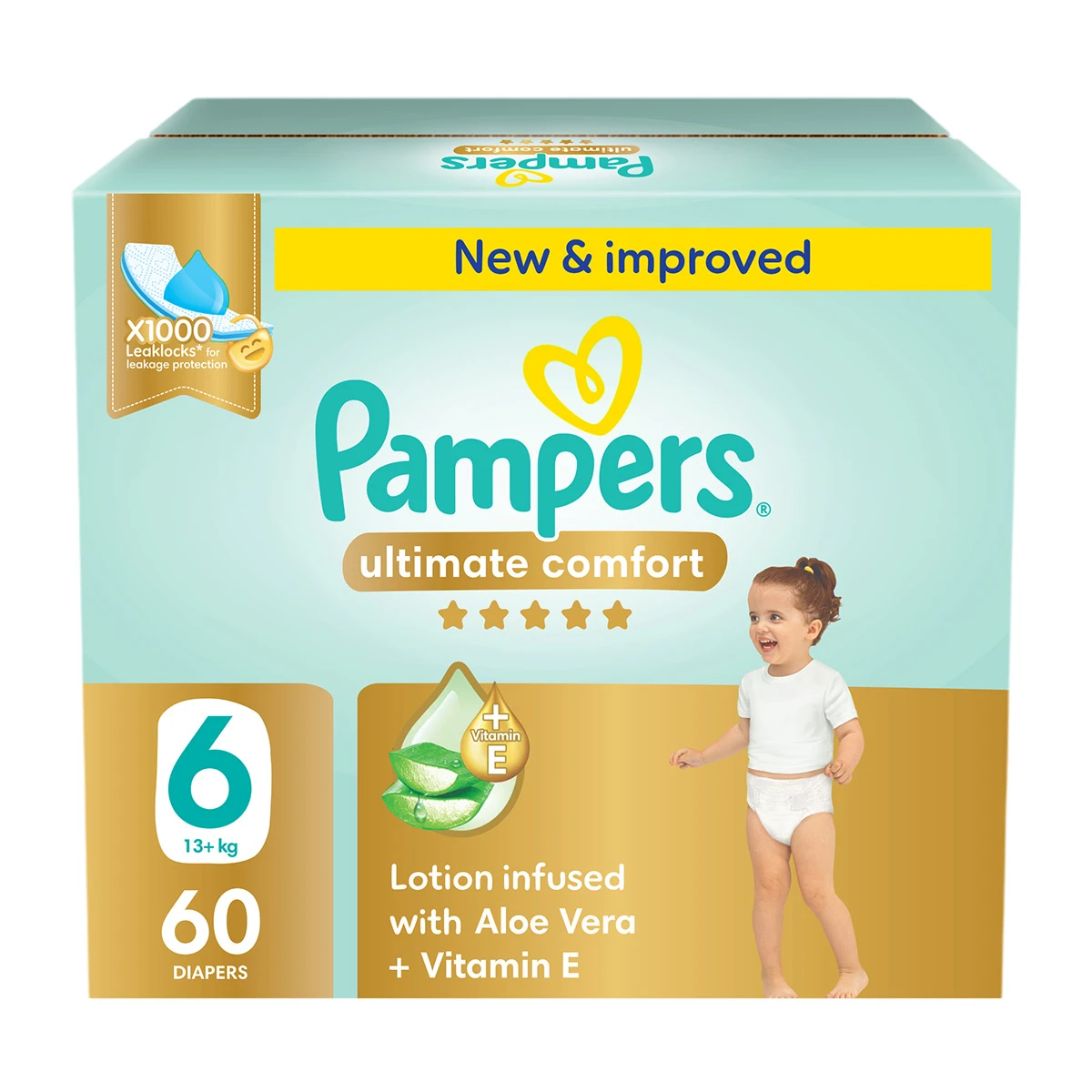 Pampers Diapers Ultimate Comfort Taped Size 6 Aloe Vera Lotion & Vitamin E 60 Diapers 