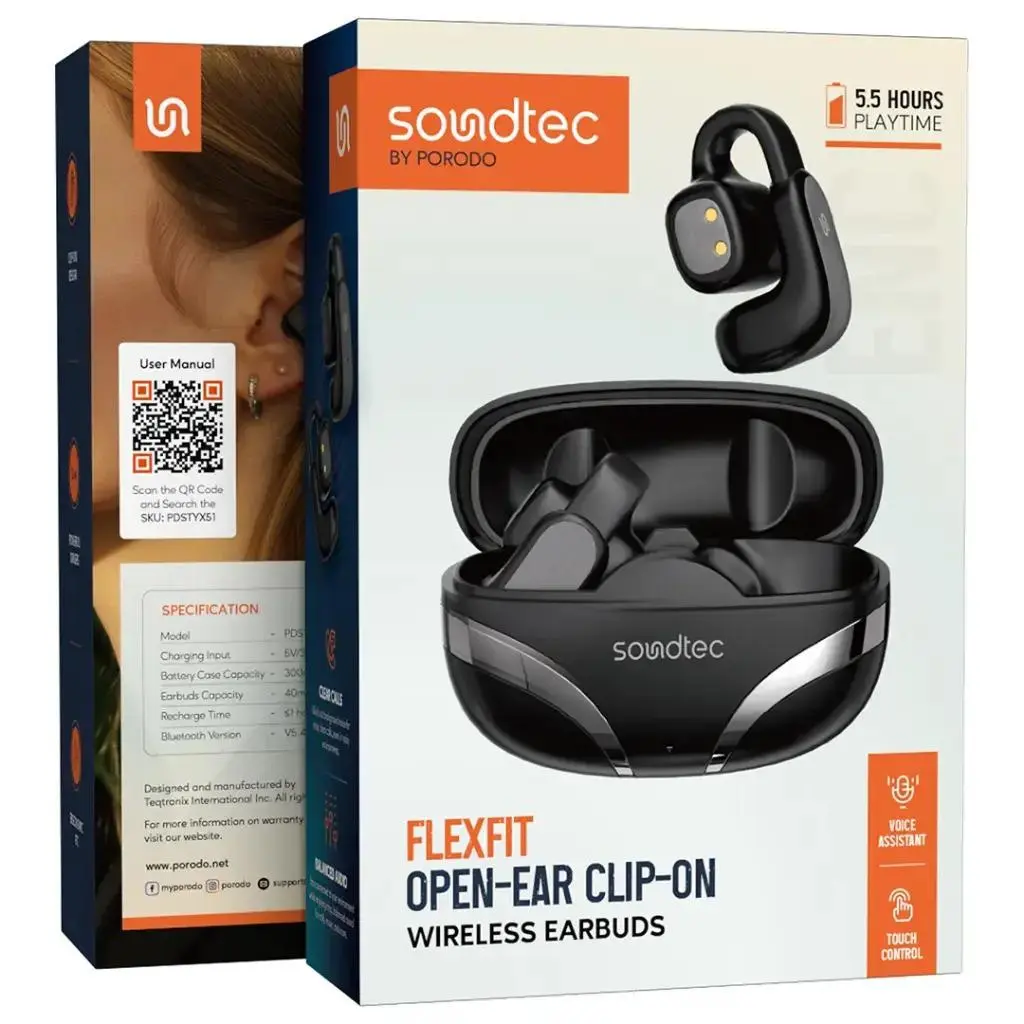 Porodo Soundtec Flexfit Ear Ring Type  Clip-On Wireless Earbuds Black - view 3