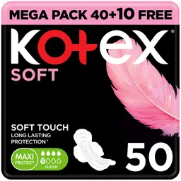 Kotex Soft Maxi Protect Thick Pads With Wings Super Size Feather-Touch Softness 50 pcs