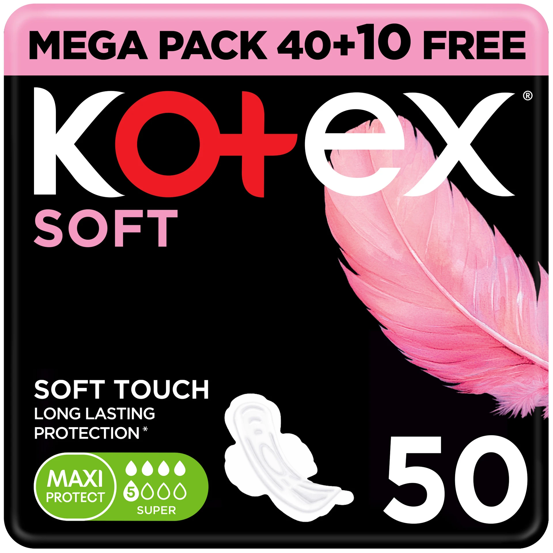 Kotex Soft Maxi Protect Thick Pads With Wings Super Size Feather-Touch Softness 50 pcs