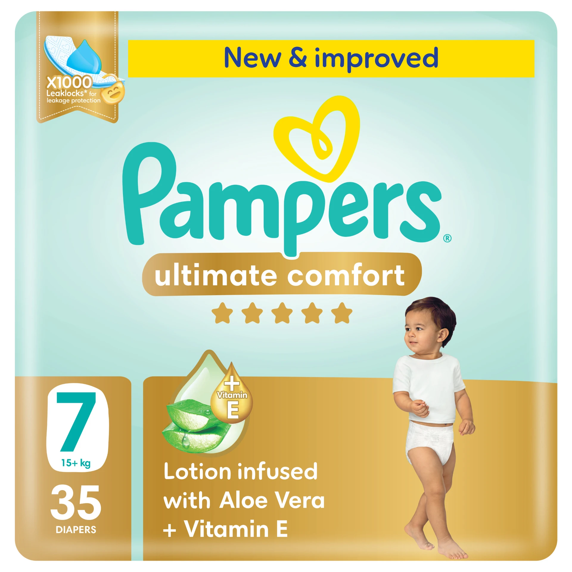 Pampers Diapers Ultimate Comfort Taped Size 7 Aloe Vera Lotion & Vitamin E 35 Diapers 