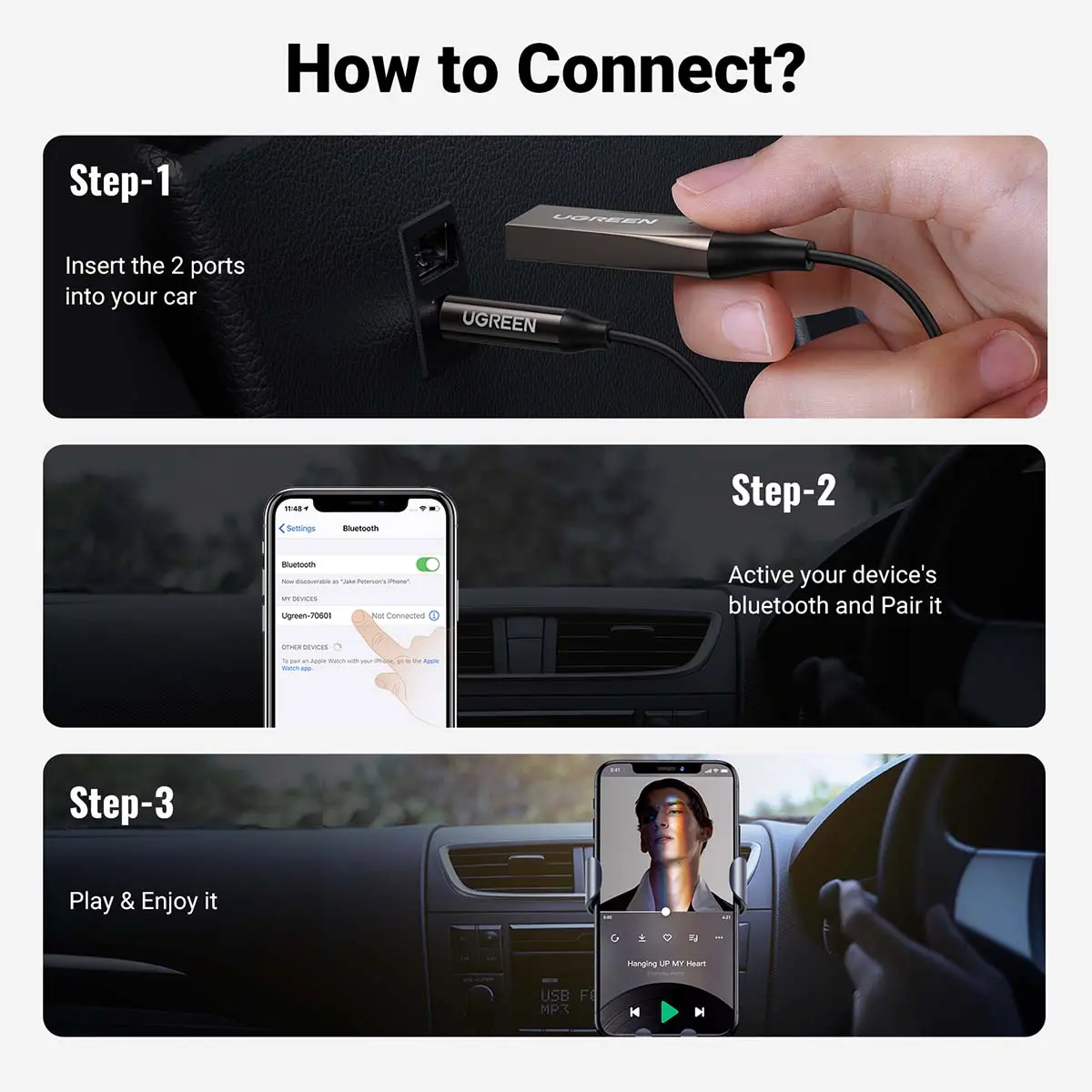 Ugreen Bluetooth Car Receiver Aux With Mic Gray - view 4