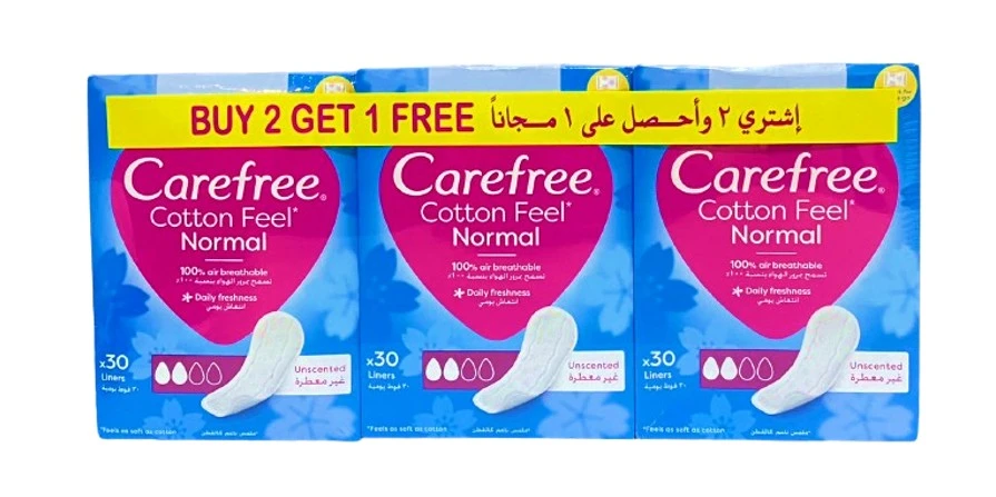 Carefree Pantyliners Cotton Feel Normal Unscented 30 Pads 2+1Free