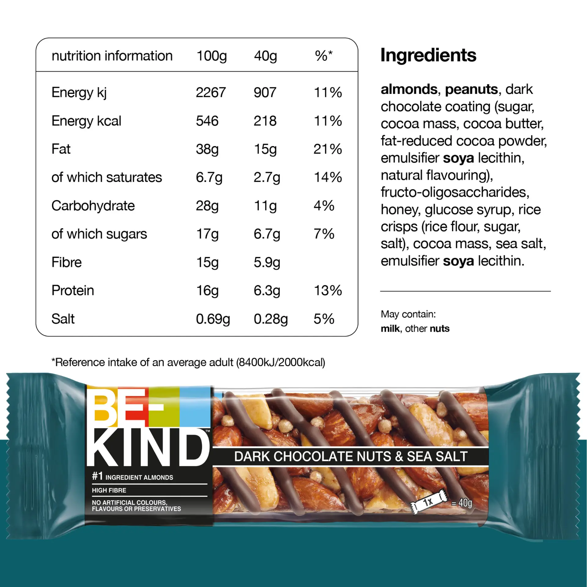 Be Kind Dark Chocolate Nuts & Seasalt Bar 40 gm - view 3