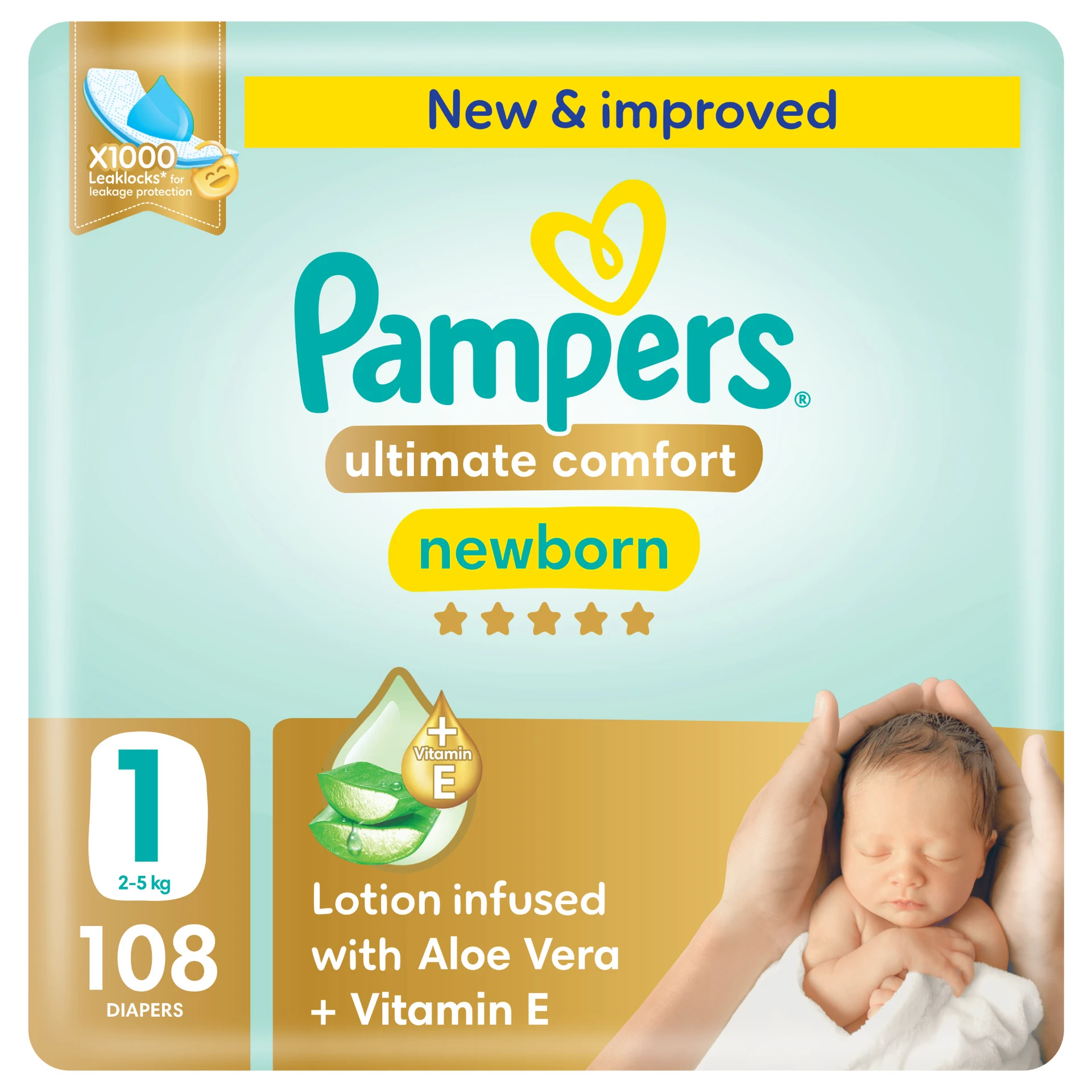 Pampers Diapers Ultimate Comfort Taped Size 1 Aloe Vera Lotion & Vitamin E 108 Diapers 