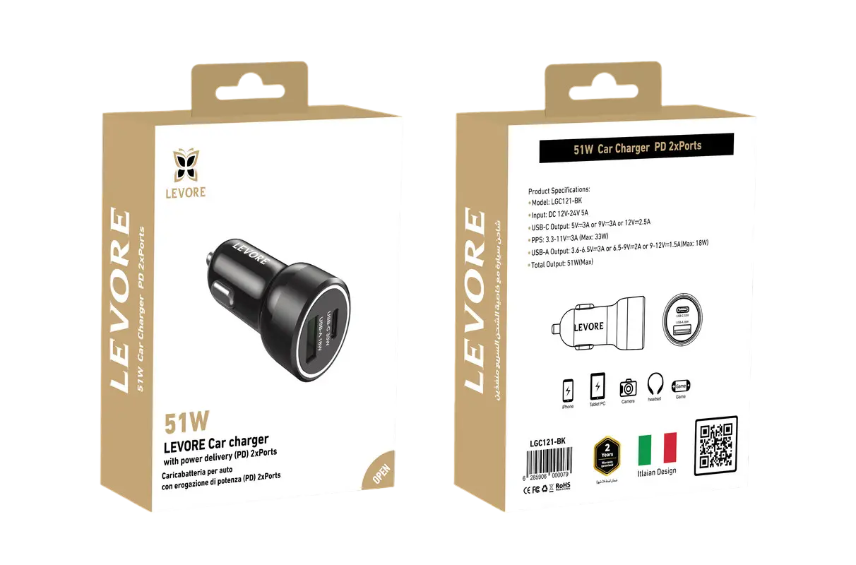 Levore Car Charger 51W USB-C Pd And 1Xusb-A Qc3 Port Black - view 2