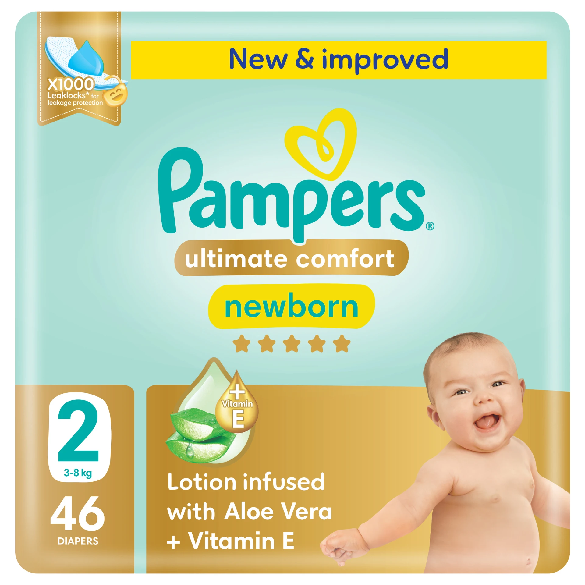 Pampers Diapers Ultimate Comfort Taped Size 2 Aloe Vera Lotion & Vitamin E 46 Diapers 