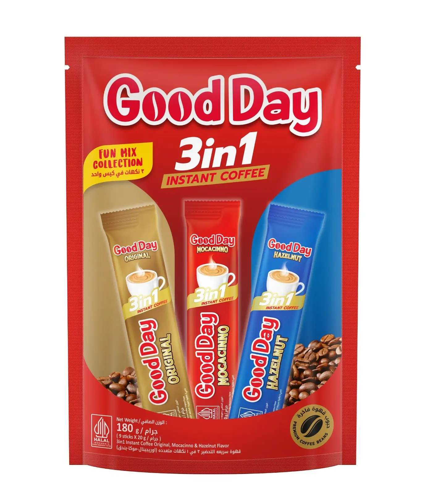 Good Day 3in1 Instant Coffee Fun Mix Collection Original, Mocacinno & Hazelnut Flavor 20GmX9 Sachet - view 1