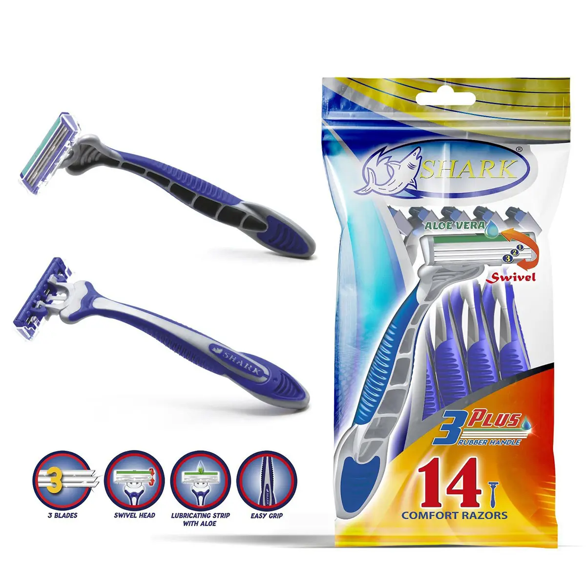 Shark Disposable Razor 14 Pcs  3 Blades Swivel Head Long Rubber Handle With Lubricating Strip  - view 4