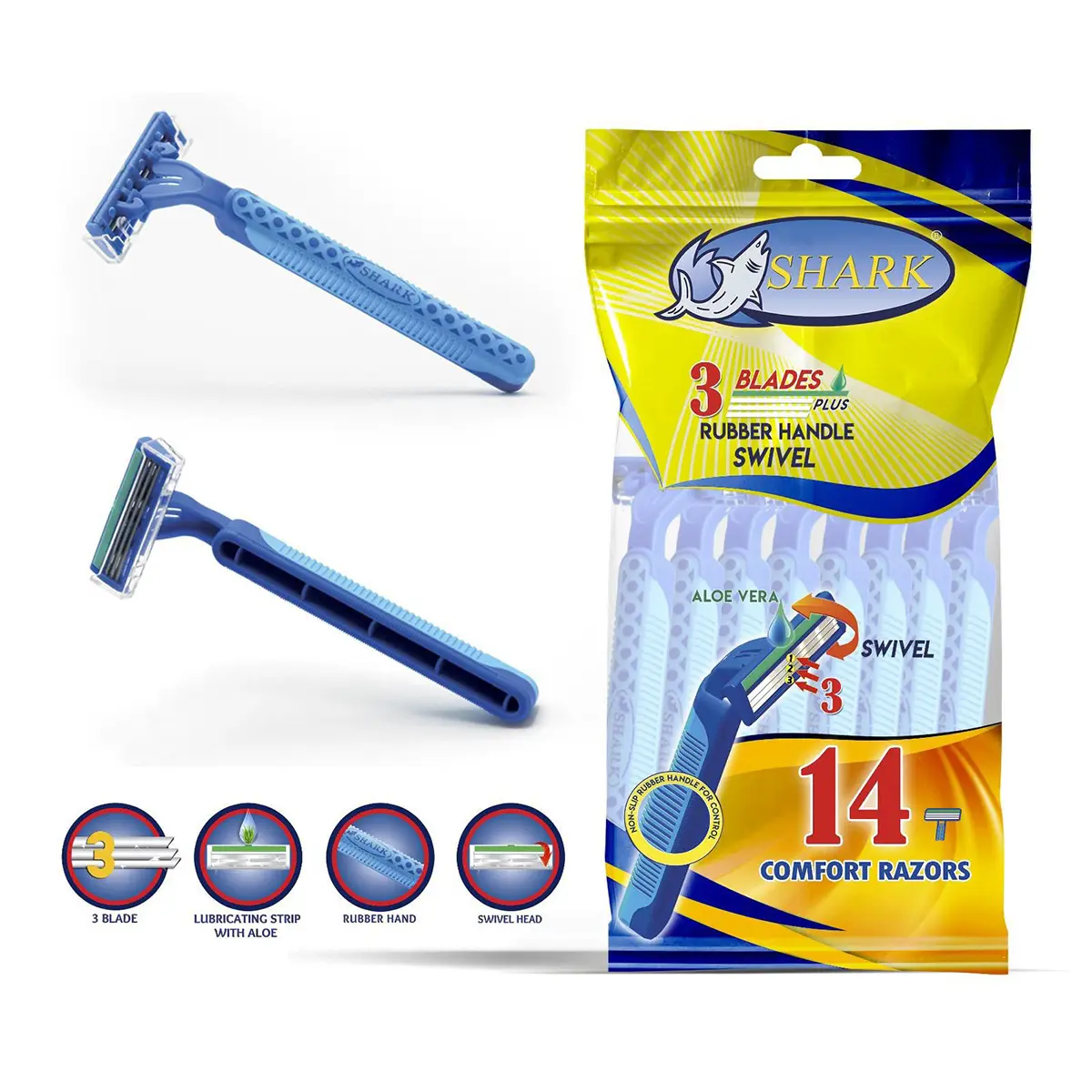 Shark Disposable Razors 14 Pcs 3 Blades Swivel Head Rubber Handle with Lubricating Strip  - view 4