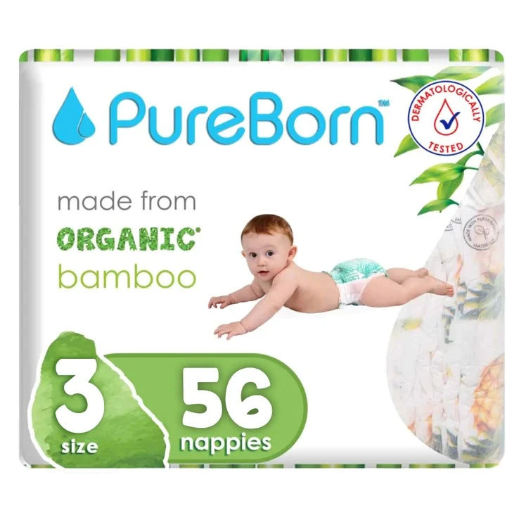 Pure Born Organic Bamboo Diaper Size3 56Count