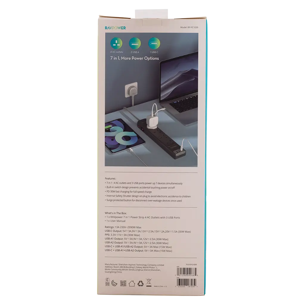 Ravpower Extension Cable  4 Sockets 2 USB Ports 1 Type C  3 m - view 4